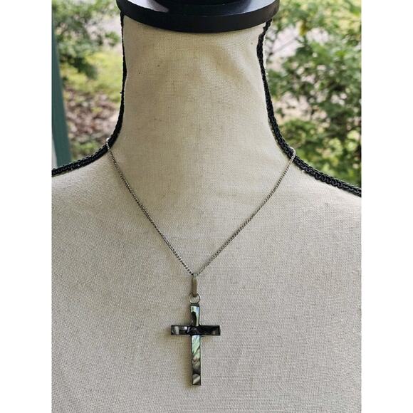 Vintage Cross Pendant Abalone Shell Inlay Mexico Southwestern Boho Festival - Picture 3 of 9
